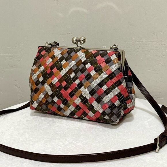Colorful Genuine Woven Leather Kisslock Crossbody Box Bag,  Includes 2 Straps - Picture 2 of 16